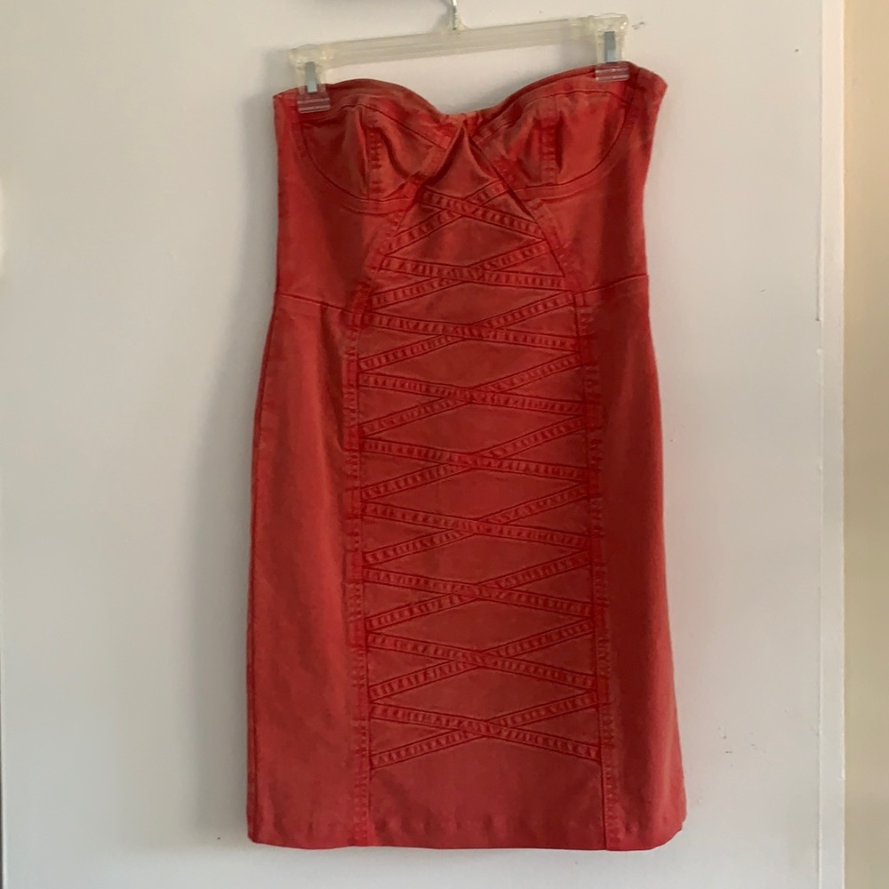 1 Red Denim strapless mini dress